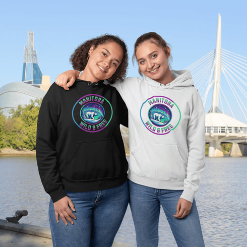 Embrace the power and beauty of the north with our Manitoba – Wild & Free hoodie, featuring a bold graphic of a polar bear beneath the awe-inspiring northern lights.